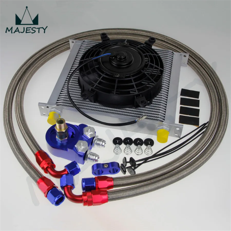 Universal 34 Row engine Transmission 10AN Oil Cooler KIT+ 7" Electric Fan Kit size 11.4" x 9.84" 2.00" SL |