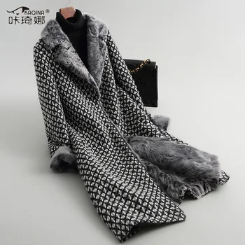 

Real Fur Coat Women Tweed Plaid Wool Coat Winter Jacket Woman Long Luxury Coats Female Real Fur Collar Manteau Femme Hiver 18601