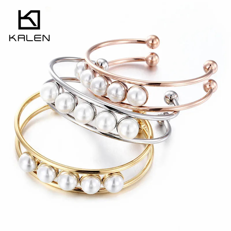 

Kalen New Stainless Steel Bulgaria Three Colors Cuff Bangles Imitation Pearl Charm Rose Gold Bangle Bracelet For Women Girl Gift