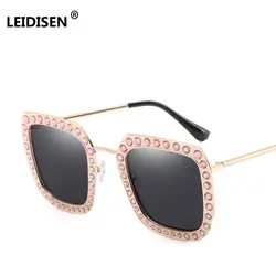 LEIDISEN расшитые стразами с квадратной солнцезащитные очки Для женщин модные прозрачные линзы женские роскошные солнцезащитные очки для Для