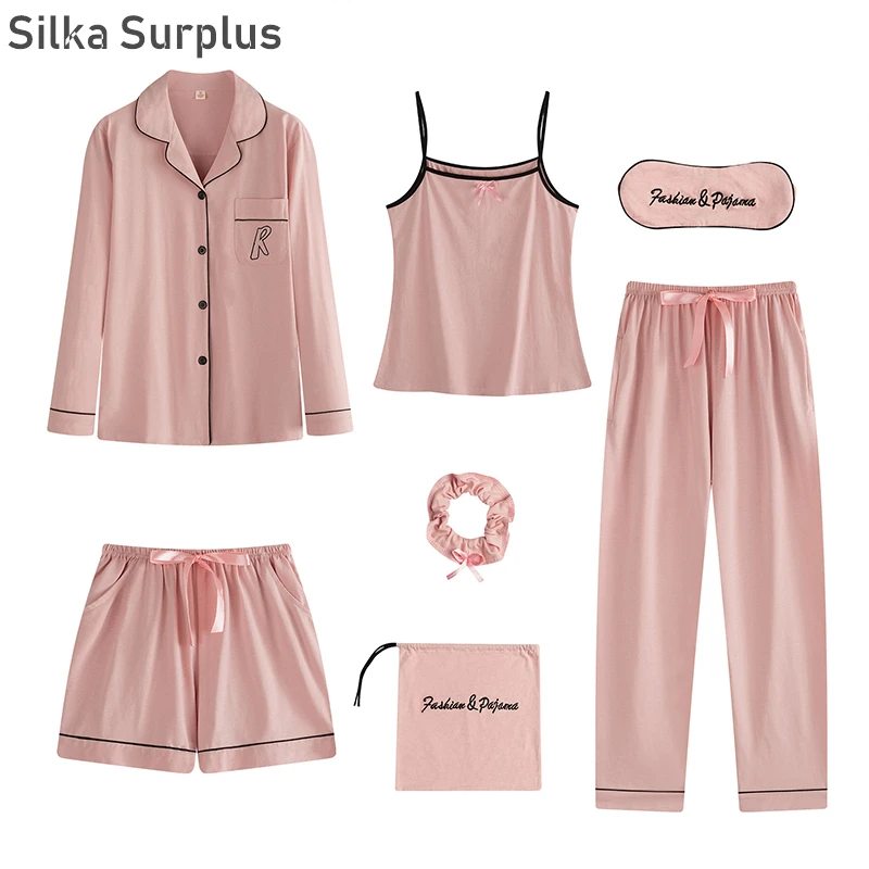 

Silka Surplus Spring Summer 7 Pcs Set 100% Cotton 2019 Women Pajama Shorts Long Sleeve Top Elastic Waist Pants Lounge Sleepwear