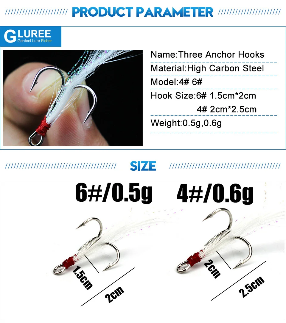 GLUREE-10PcsLot-4#-6#-Fishing-Hook-Red-White-Feather-Treble-Hooks-Barbed-Fishhooks-High-Carbon-Steel-Fishing-Tackle-Accessories_04