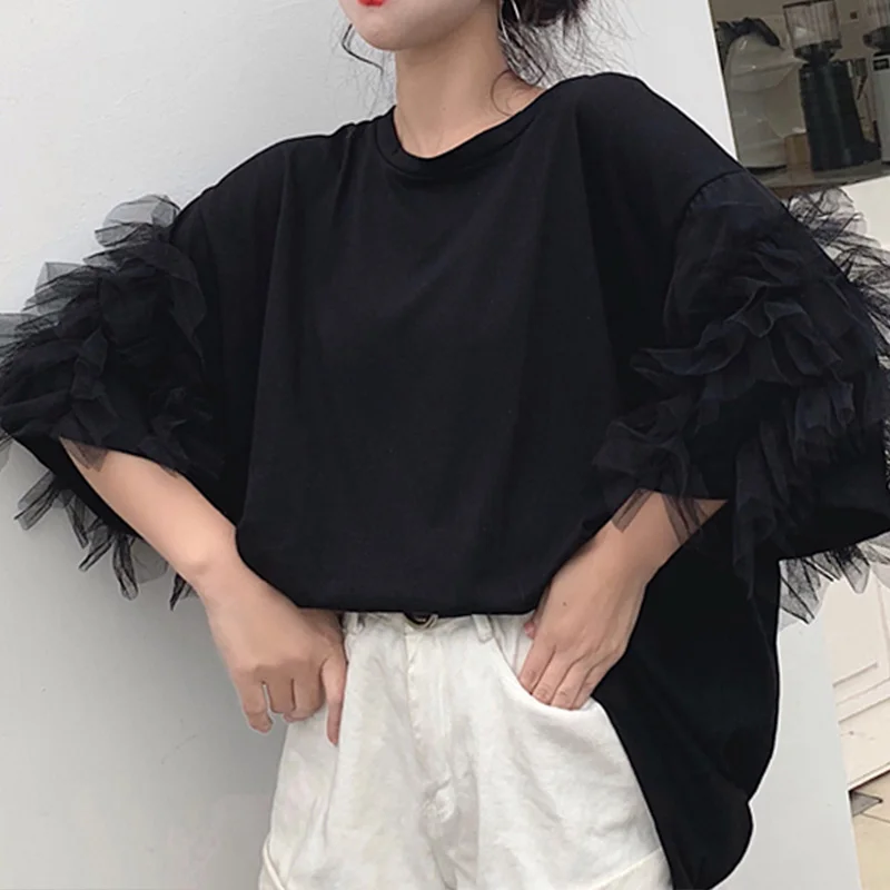 

Women Long Blouse White Mesh Butterfly Half Sleeve O-neck Black Patchwork Womens Tops And Blouses 2019 Summer Autumn Tops Female