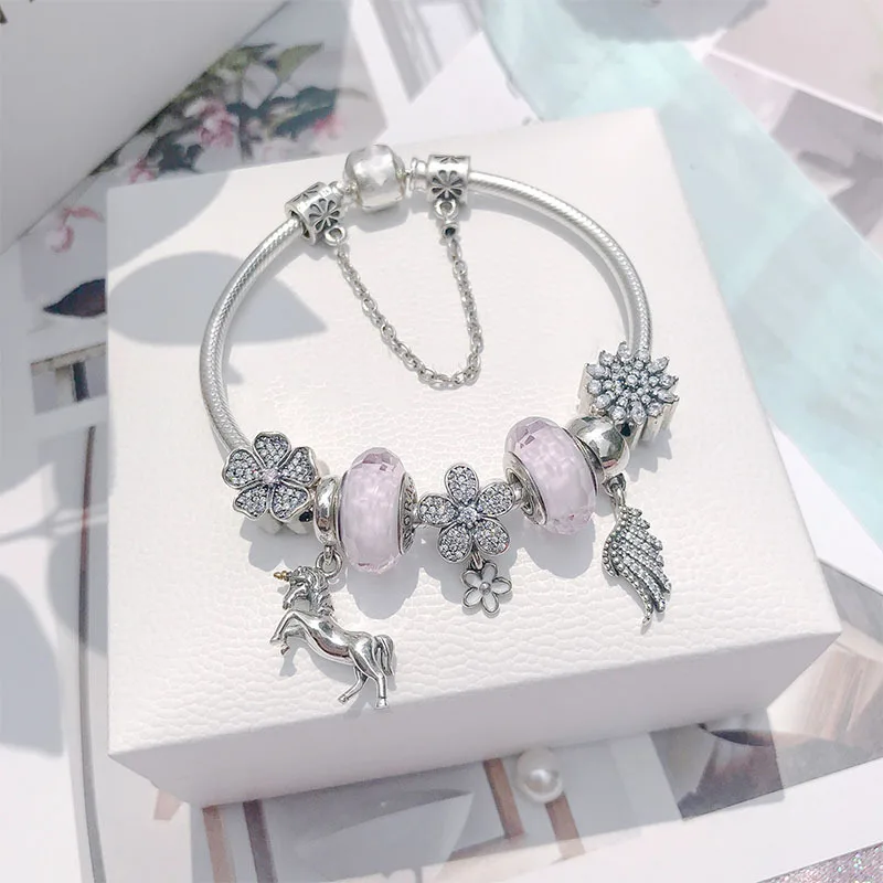 

Fits Pandora Jewelry Charm DIY Female Jewelry Sterling Silver 925 Unicorn Wings Snowflake Daisy Flower Beads Finished Bracelet