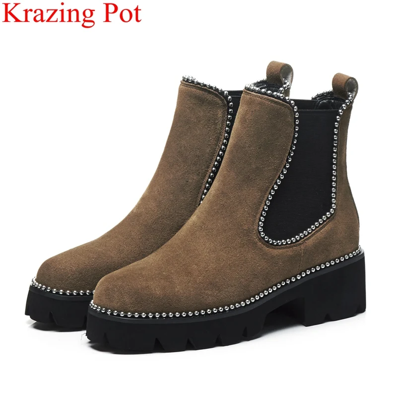 

2018 superstar rivet genuine leather high heels ankle boots women elastic band platform round toe office lady winter shoes L13