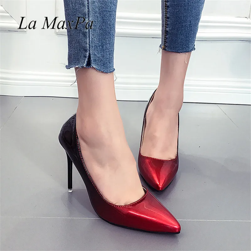 

La MaxPa 2018 Women Pump Dress Shoes Autumn Spring Pointed Toe Gradient Patent Leather Super Goblet High Thin Heel Slip Pumps
