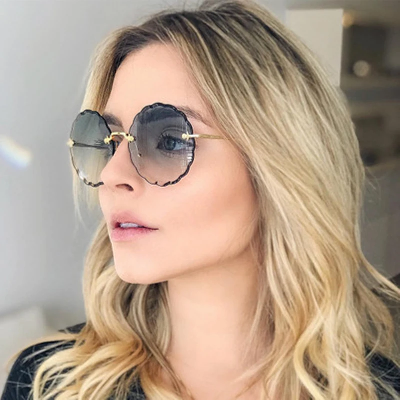 

New Round Sunglasses Women Men Oversized Eyewear Gradient Brown Pink Rimless Sun Glasses for Female Gift Brand Designer UV400