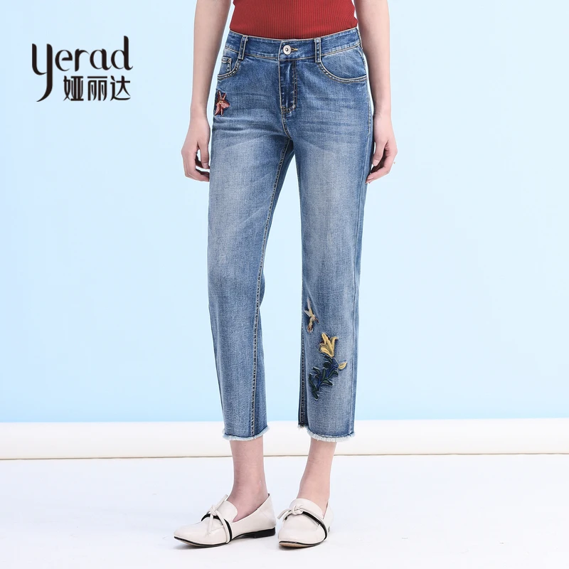 YERAD Summer Floral Embroidery Ankle Length Jeans Women Light Blue