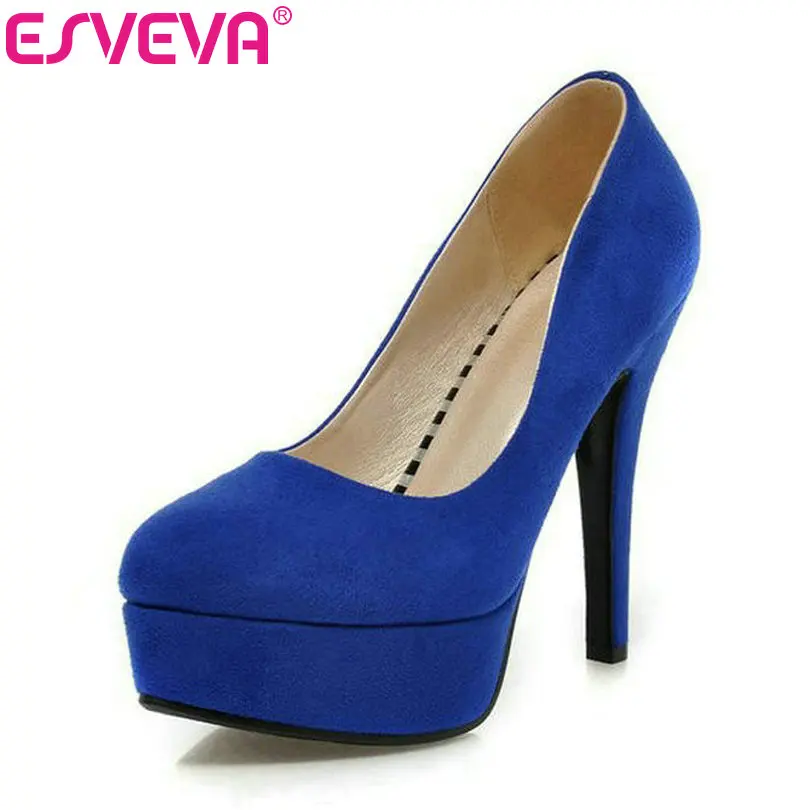 

ESVEVA 2017 Women Pumps Thin Heels Platform Pointed Toe Slip on Party Shoes Super High Heels Ladies Elegant Shoes Size 34-43