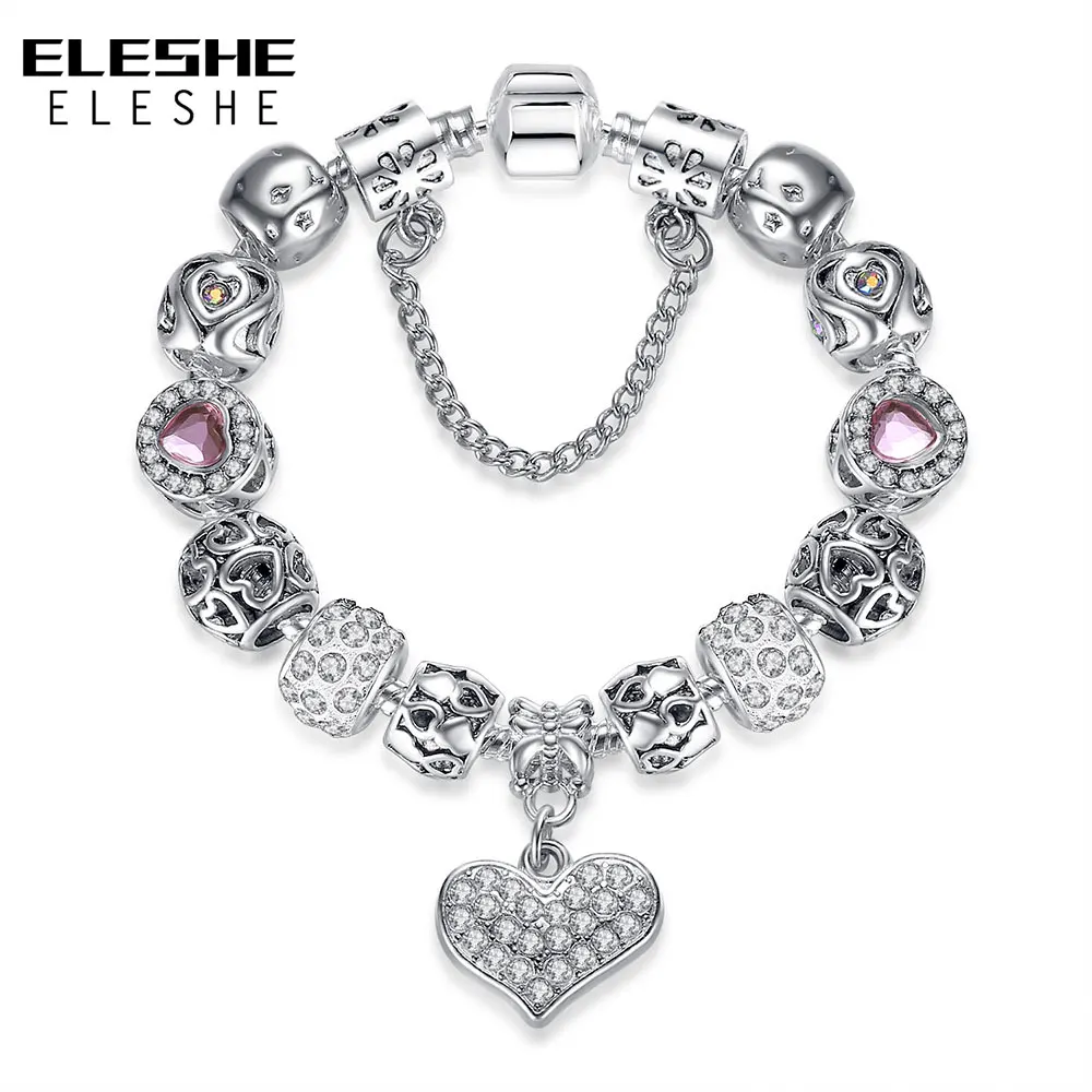 

Valentine's Day Gift 925 Unique Silver Jewelry Heart Charms Bracelet For Women European Crystal Beads Bracelet & Bangle Pulseras