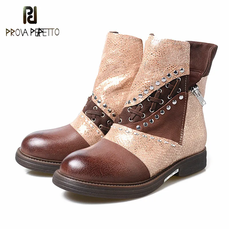 

Prova perfetto Hot Design Popular Keep Warm Winter Boots Real Leather Low Heels Patchwork Mixed Colors Hand-made Female Boots