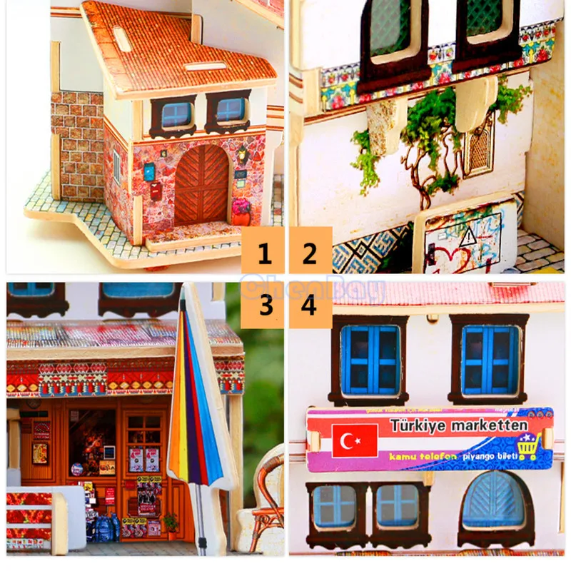 Красочные 3D деревянные головоломки Турция Стиль деревянный дом 3D Собранный Мини Дом Модель Наборы DIY Лобзики для детей развивающие