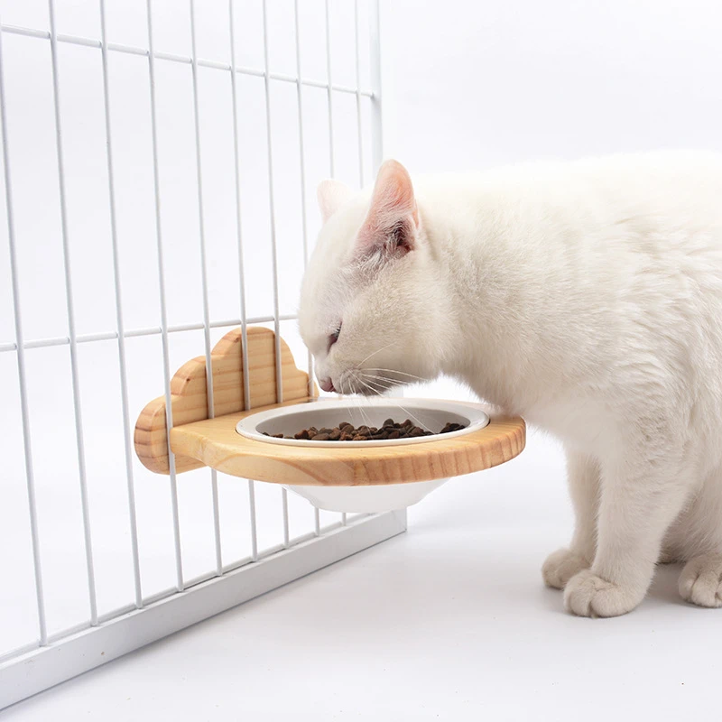 

Cage Wall Hanging Round Wooden Cat Bowl Food Water Feeding Solid Container for Kitty, Puppy and Cat