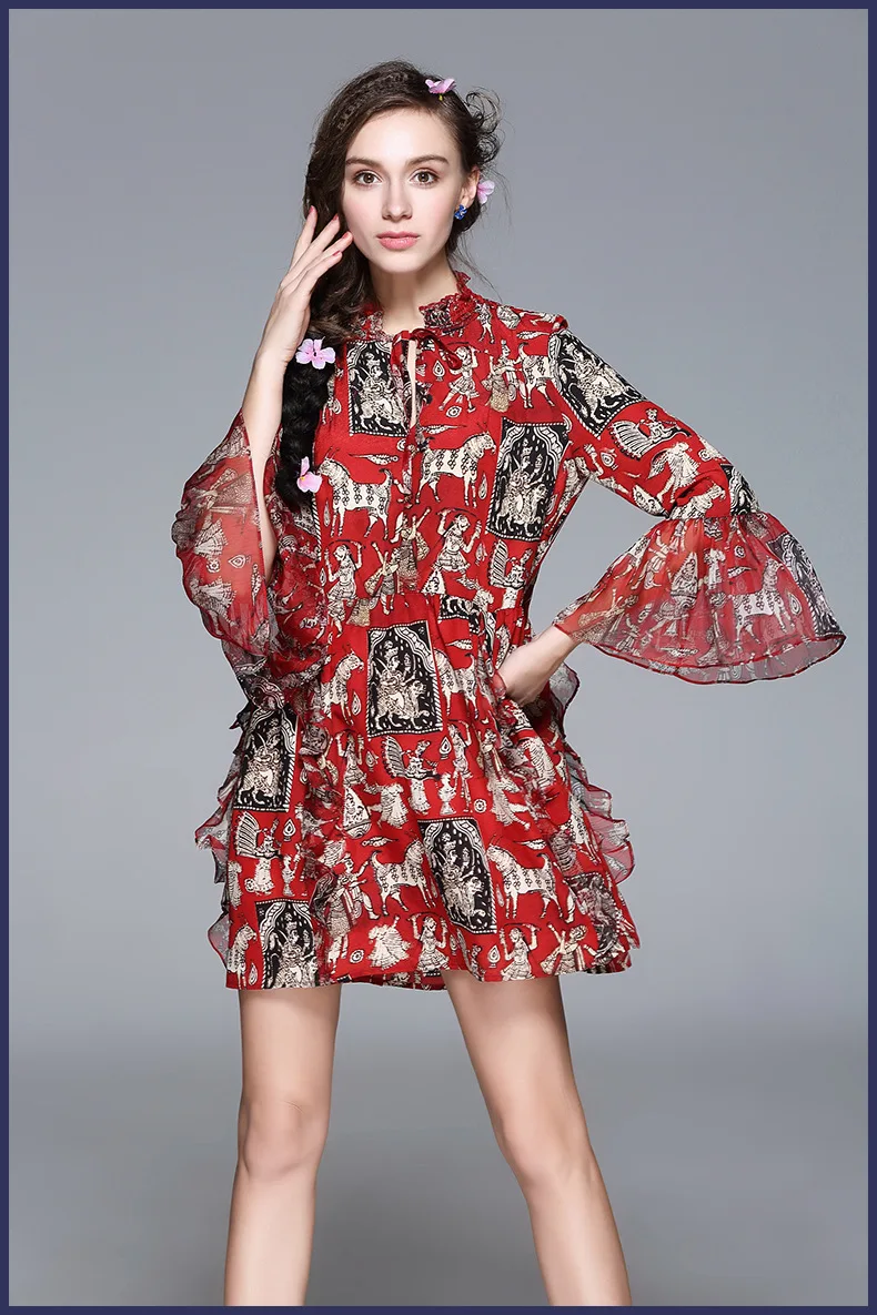 

2017 Spring And Summer New Women 's Party Elegant Dresses Loose Flare Sleeves Printed Dress