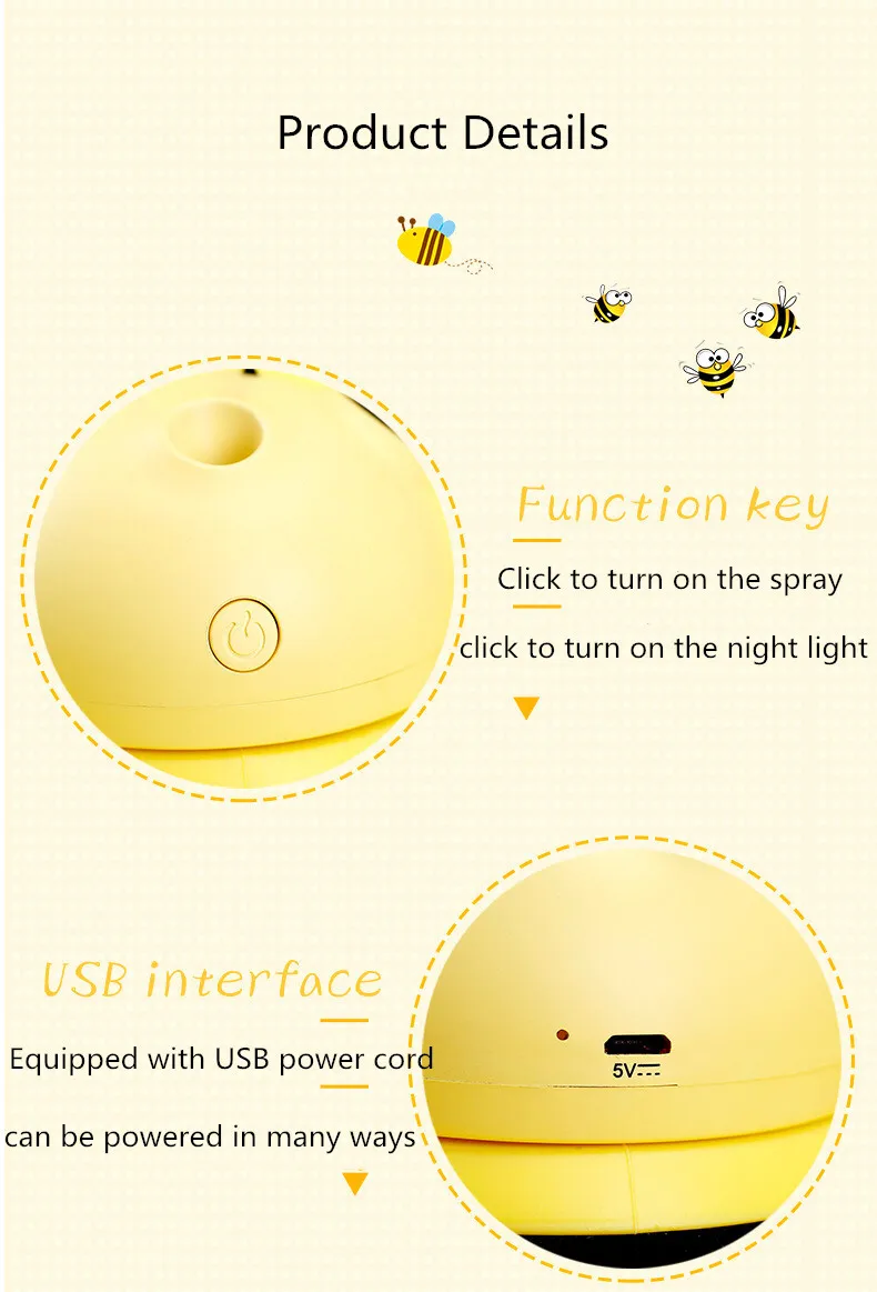 Милый маленький пчелиный увлажнитель воздуха красочный ночной свет увлажнитель воздуха 300 мл мини USB Настольный диффузор