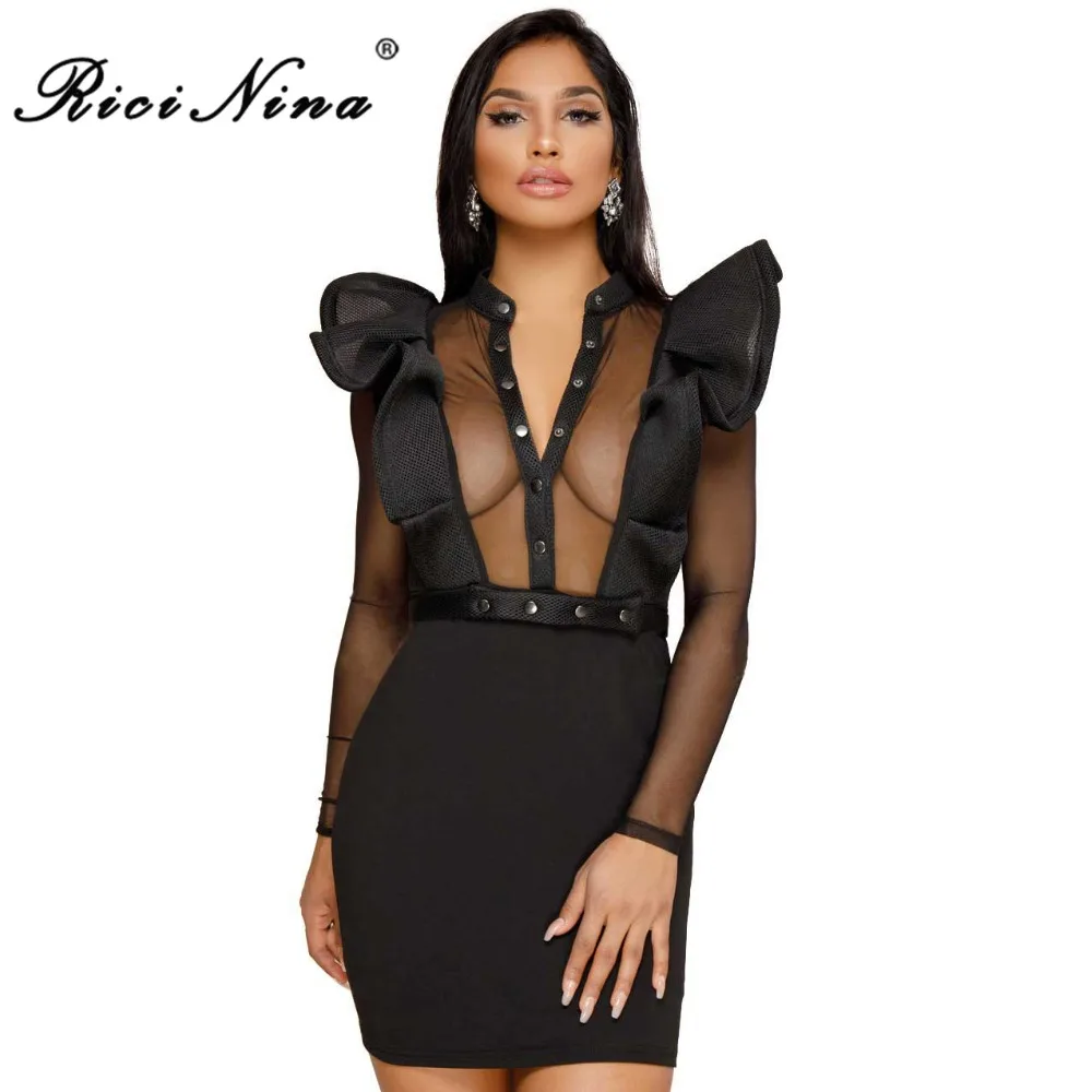 RICININA Fashion Women Dress Woman V Neck Long Sleeve Ruffles Buttons Mini Pencil Dress Ladies Casual Hollow Out Party Dresses RICININA Fashion Women Dress Woman V Neck Long Sleeve Ruffles Buttons Mini Pencil Dress Ladies Casual Hollow Out Party Dresses