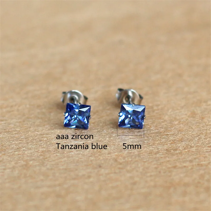 

Titanium Stud Earrings With 5mm AAA Tanzania Blue Square Zircons 316 L Stainless Steel No Fade No Allergy