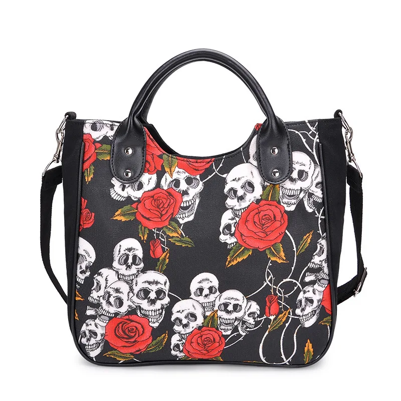 

Personality Trend Human Skeleton Printing Canvas Bag Gothic Women Handbag Fashion Skull Rose Canvas Big Bag Ladies Hand Bags
