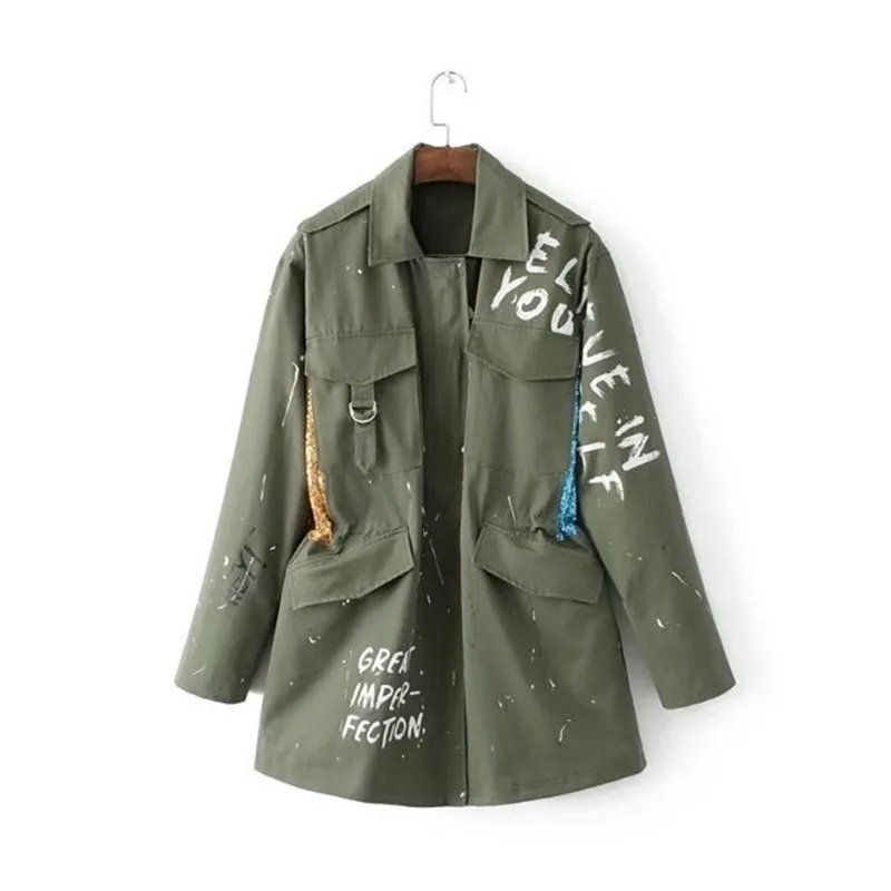 

New Drawstring Embroidered Windbreaker For Women Army Green Casual Trench Womens Decorative Letters Graffiti Basic Coats DS50789