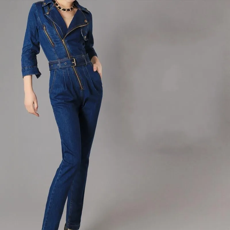 Роскошный высококачественный Модный женский комбинезон с молнией, Женский облегающий джинсовый комбинезон, джинсовый комбинезон с поясом, размеры s-xl