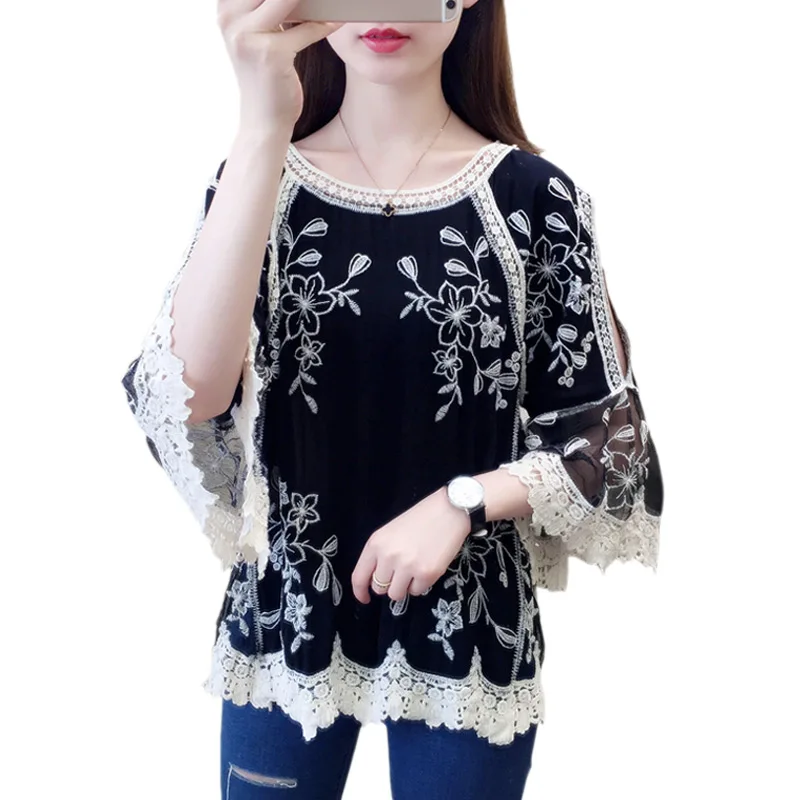 

Sexy Hollow Out 2019 Summer Tops Women Vintage Embroidery Loose Mesh Lace Blouse Women Shirt Ladies Tops Female Lace Shirts