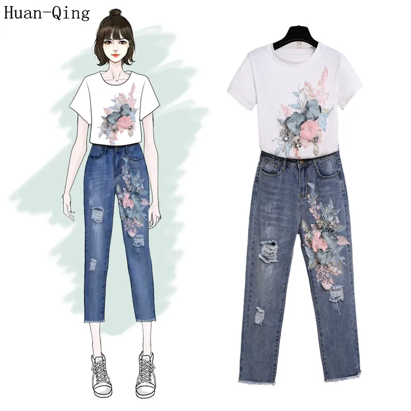 Летние джинсы футболка с цветочной вышивкой и блестками для Женский комплект 2