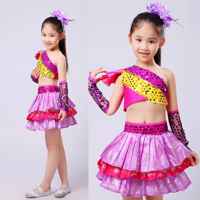 Purple Sequined Girls Jazz Dance Tops+Skirt Costumes Kids Ballroom