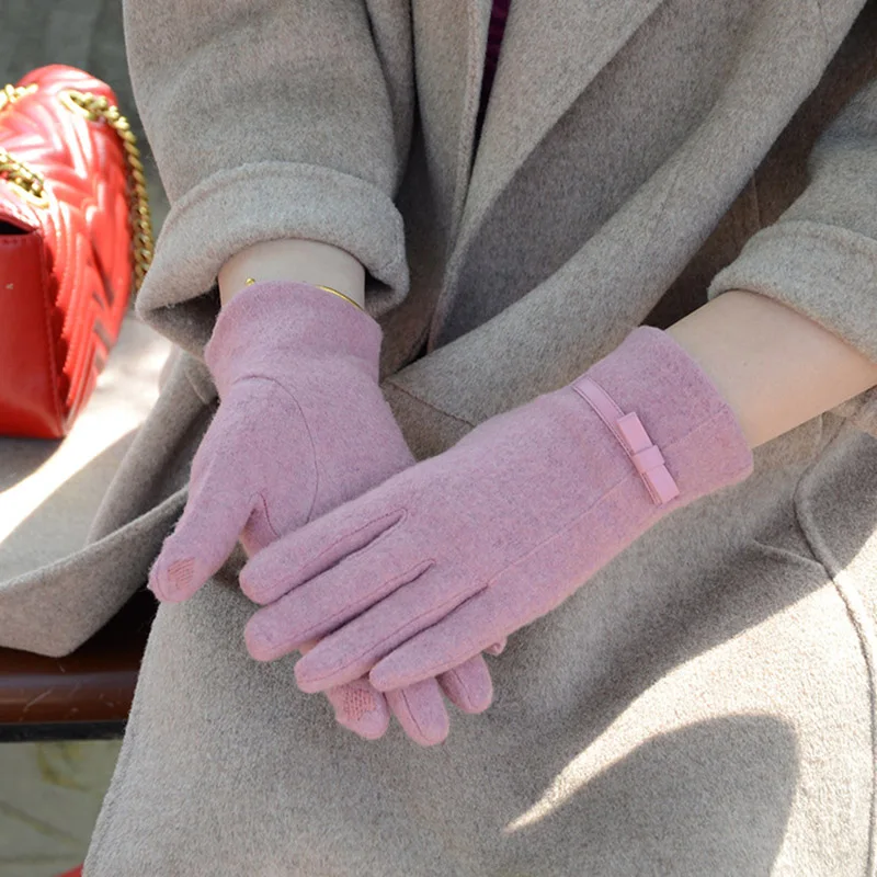 

Fashion Elegant Female Wool Knit Embroidery Touch Screen Gloves Winter Women Warm Cashmere Full Finger Leather Bow Gloves C23