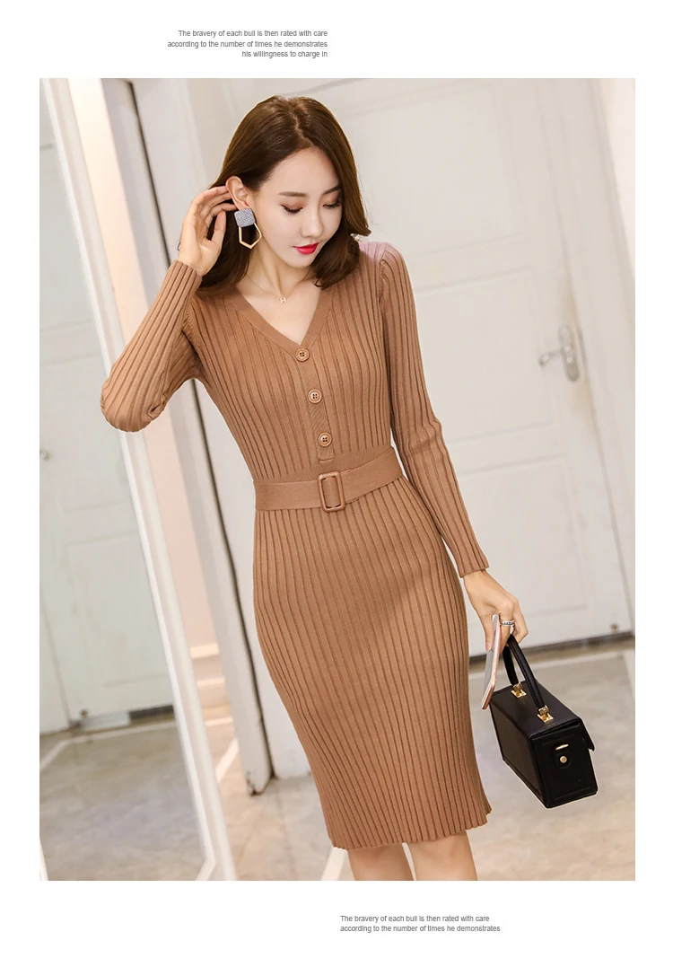 New Autumn Winter Bodycon Knitted Dress Women Long Sleeve Sexy V Neck Belt Knee Length Casual Office Lady Sweater Dresses L2460