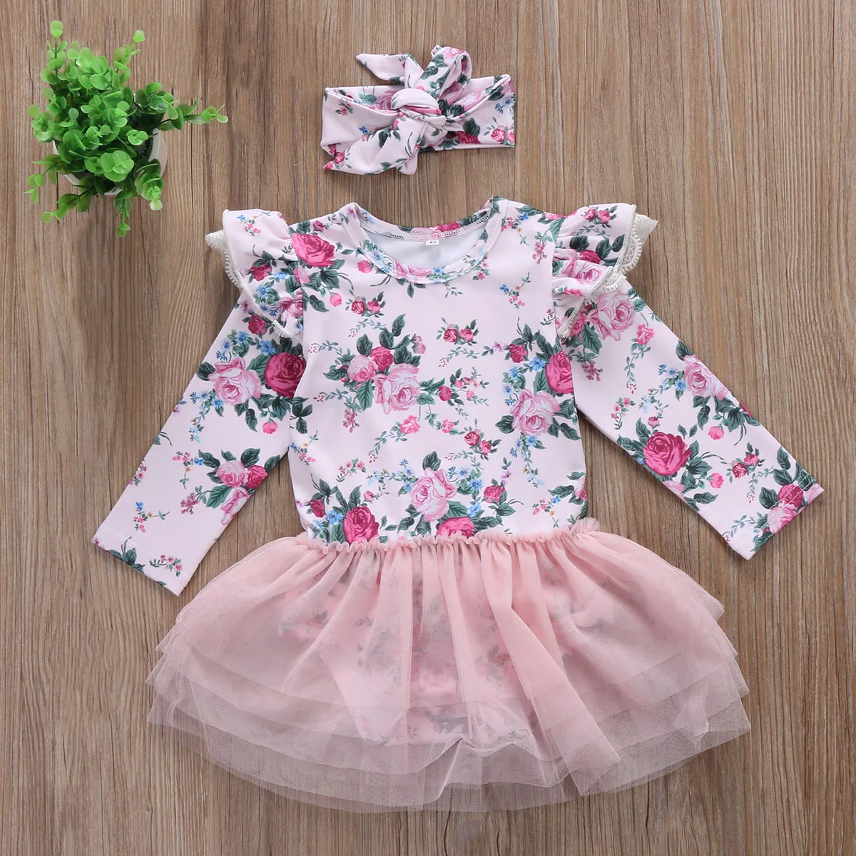 

Cute Pink Newborn Baby Girls Floral Lace Tutu Romper Dress Headband Outfits Long Sleeve Summer Children Clothing