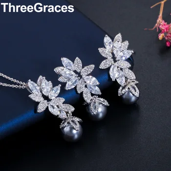 

ThreeGraces Romantic Sparkling Leaf Cubic Zircon Wedding Party Pearl Necklaces and Earrings Jewelry Sets for Bridesmaid JS263