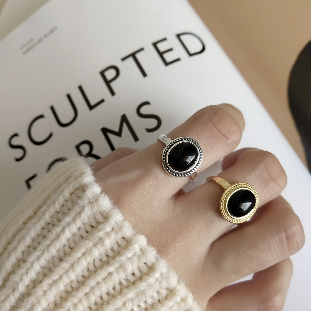 

925 Sterling Silver Rings Oval Personality Black Agate Open Ring for Women Nordic Style Wedding Anniversary Party Fine Jewelry