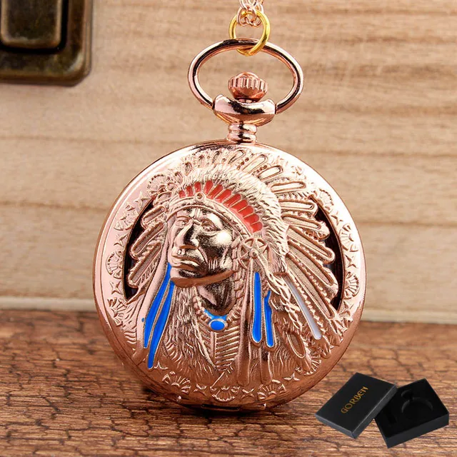 3 Design Retro Indian Head Pocket Quartz Watches Rose Golden Pendant