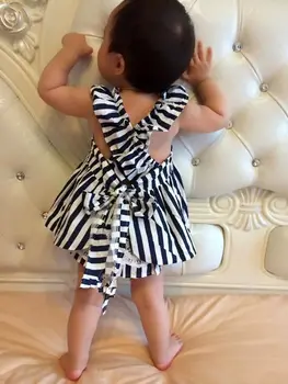Backless Dress Bow Cotton Briefs 2Pcs Set Clothing Girl 2016 New Baby Girls Clothes Sets 2pcs Summer Sunsuit Outfit Stripe 6