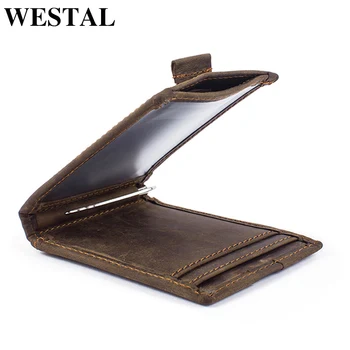 

WESTAL Clamp for Money Genuine Leather Men Wallets with String Money Clip Credit Card Case Cash Clip Bifold Wallet Male Purse