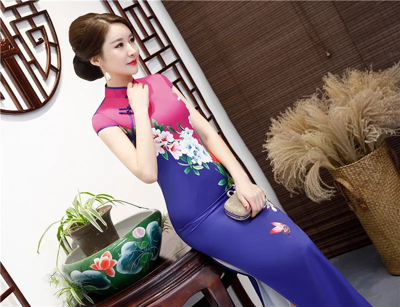 Las chino tradicional ropa Qi Pao estilo Восточное сходство vestidos de seda de tamamino mаs largo Qipao de Cheongsam vestido