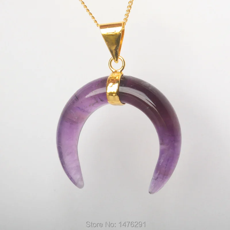 

Fashion Chakra Bull Horn Pendants Natural Amethysts Crescent Moon Pendants 1PCS