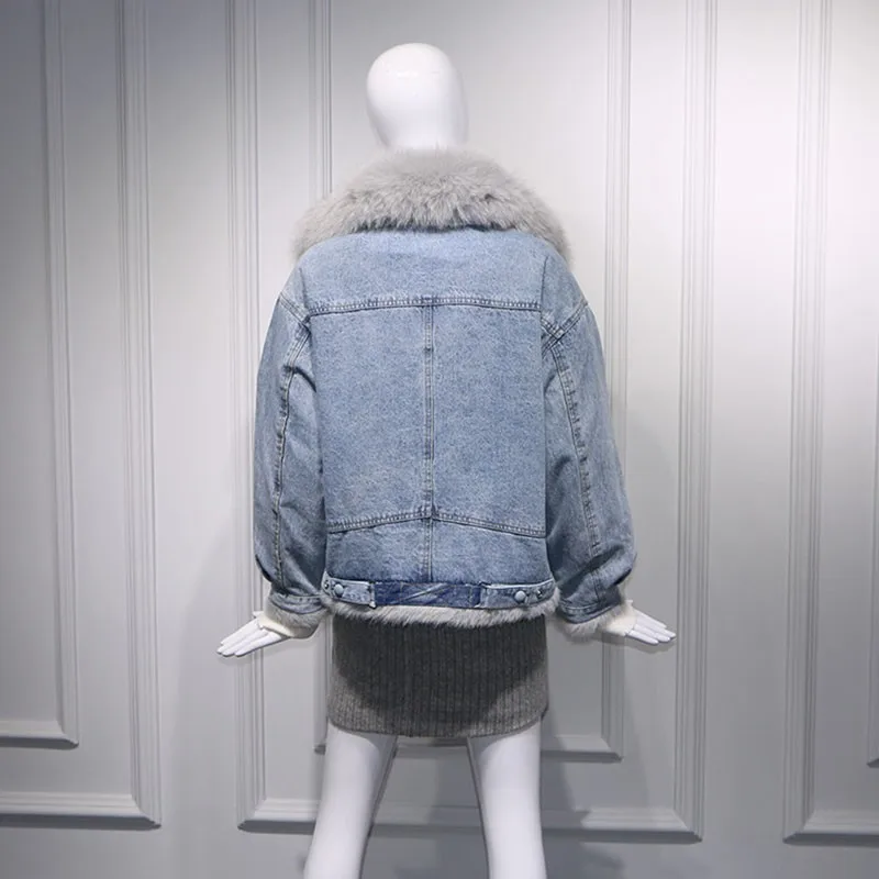discount 2019 New Winter Fur Pockets natural Real Fox Fur Thick warm short Denim Jacket Women short Coat cha