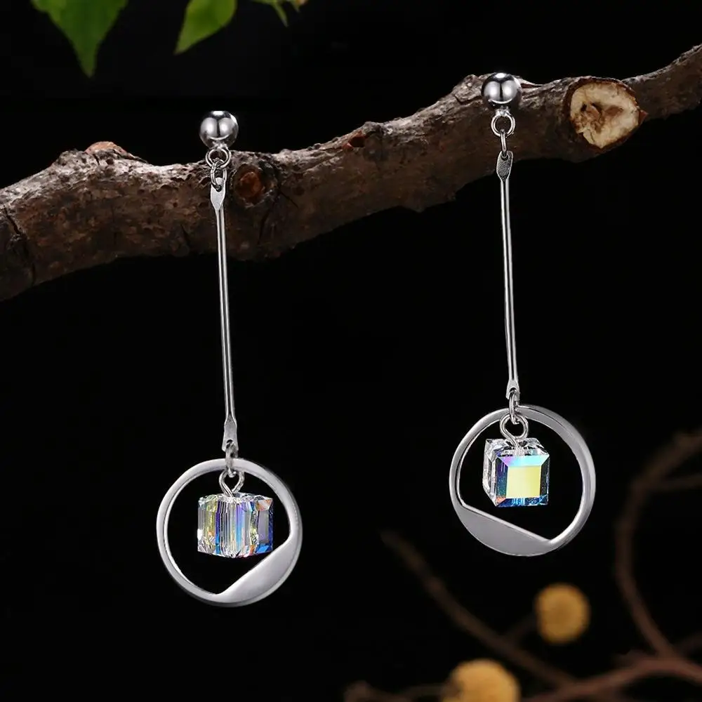 

S925 Sterling Silvesr Long Chain Dangle&chandelier Earrings Colorful Square Crystal From Swarovski Unique Designer Women Jewelry