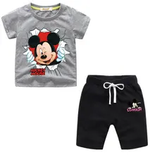Летняя детская одежда хлопковая футболка с короткими рукавами и рисунком Микки Мауса топ+ шорты для отдыха комплект из 2 предметов, комплекты одежды для мальчиков и девочек, От 2 до 8 лет