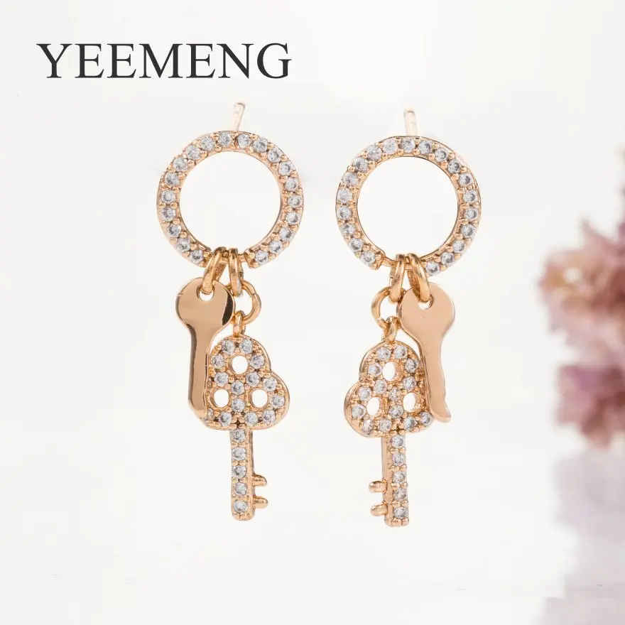 

YEEMENG Women korean fashion simple jewelry Key Round 585 Rose Gold Zircon earrings Metal hiphop funny Art cute jewelry