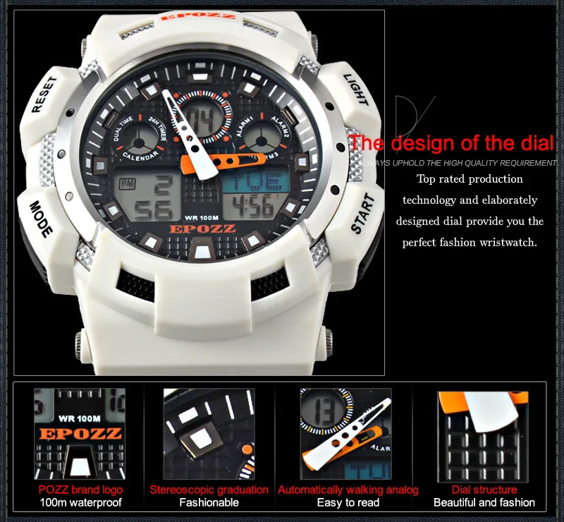 EPOZZ высококачественные мужские часы с синхронизацией MOV 100M водонепроницаемые 1 год гарантии черные синие спортивные наручные часы E3001WHITE