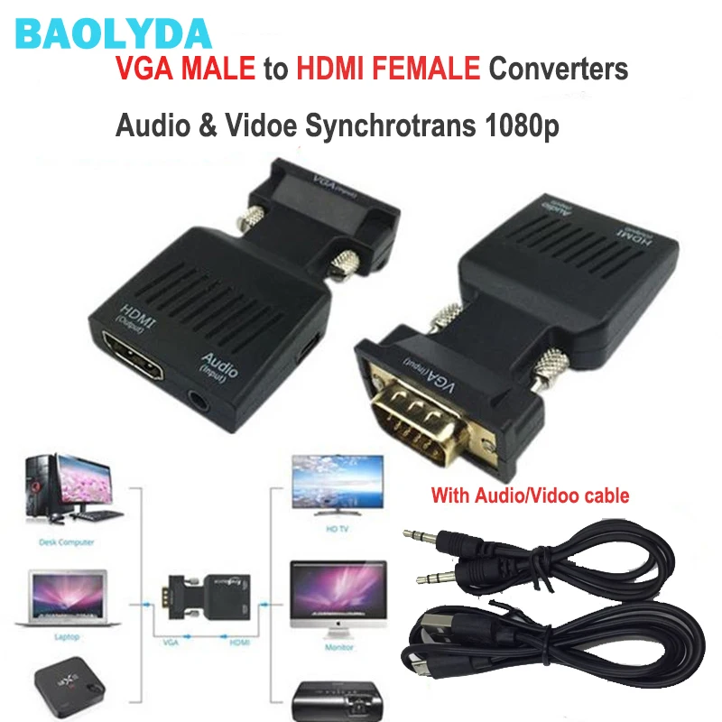 Baolida VGA к HDMI конвертер адаптер с видео выходом 1080 P HD 3 5 мм AUX аудио порт для ПК