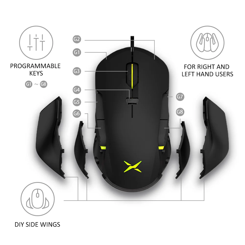 Koop Delux M627S DIY Side Vleugels Bedrade Gaming Muis 8 Knoppen 5000 DPI RGB Backlight Optische Links en rechts Muizen voor PC Spel Gebruiker