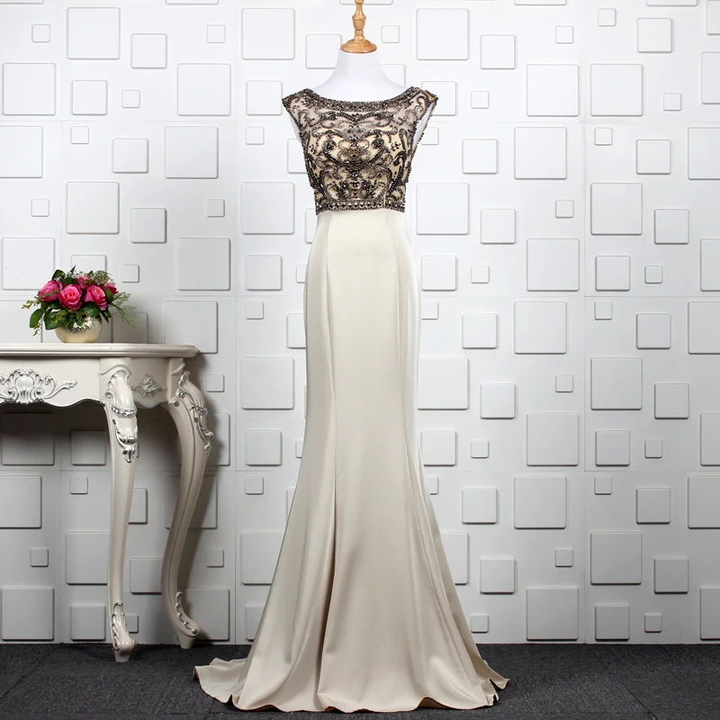 Elegant Light Champagne Crystal Beading Satin Vestidos De Festa Backless Mermaid Formal Long Evening Dresses Prom Party Gowns | Свадьбы и