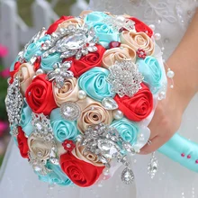 DIY шампанское красный голубой розы брошь букет Шелковый Невесты Свадебный Свадебный Букет Невесты Цветы из Ленты на заказ букетов