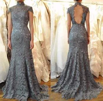 

Gray Lace Mother Of Bride Dresses Short Sleeve High Neck Backless Mermaid Women Evening Formal Gown Weddings vestido de madrinha