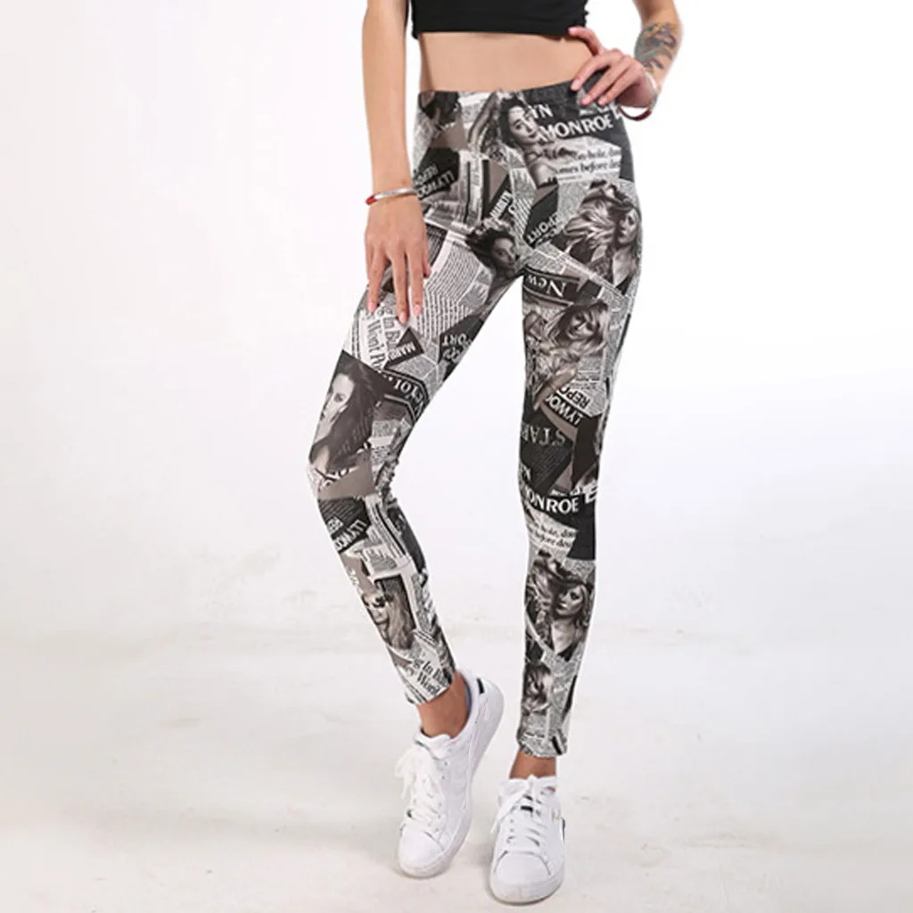 

Print Seamless High Waist Yoga Leggings Hip Women Newspaper Breathable Fitness Clothing Training Pants Female Black