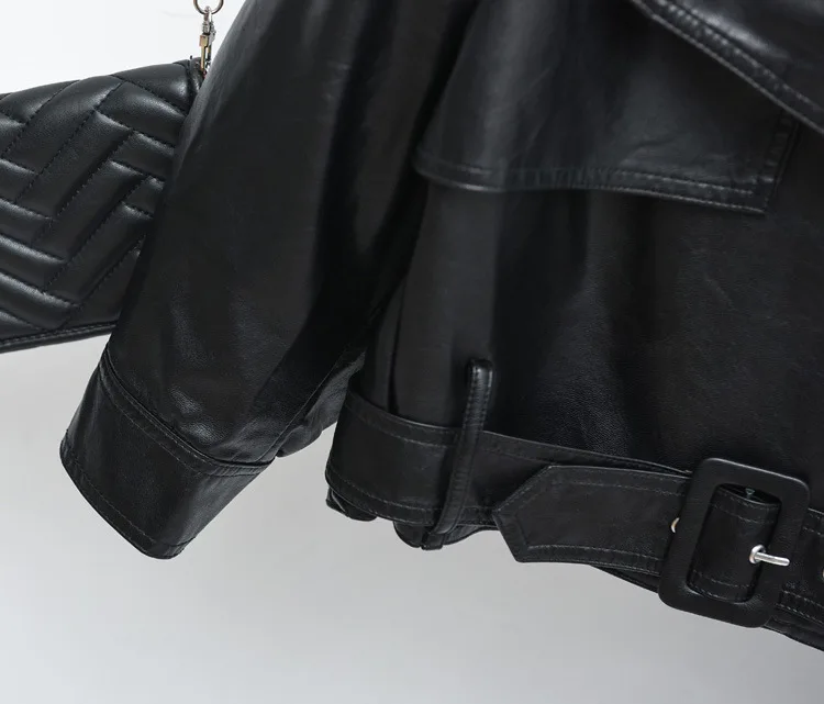 Женская свободная куртка из искусственной кожи короткая байкерская куртка с заклепками пальто из искусственной кожи с отложным воротником красная мотоциклетная куртка с топы с ремешками