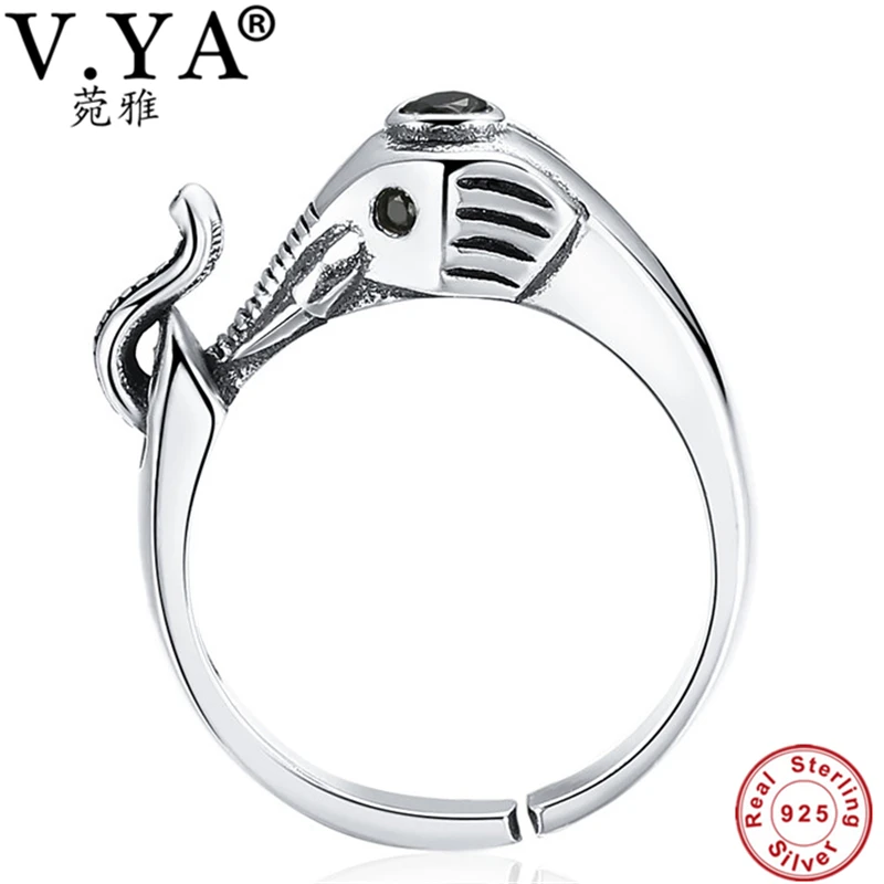

V.YA Vintage Style Elephant Rings For Women Lady Real Pure 925 Sterling Silver CZ Crystal Animal Open Ring Jewelry